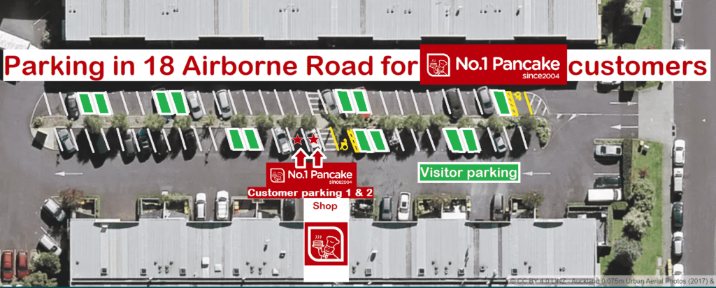 The image shows that there are 13 visitor parking spaces dispersed between parking spaces reserved for each unit within 18 Airborne Road. In addition to this, there are two spaces reserved for No. 1 Pancake customers adjacent to each other and directly in front of the shop, as well as two further disabled parking spaces within the complex.